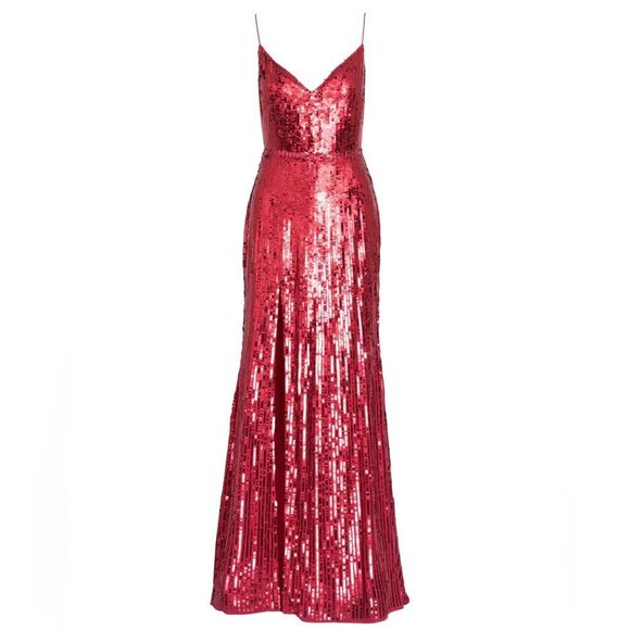 Mac Duggal SPAGHETTI STRAP V-NECK SLIP GOWN in lipstick sequins dress size 6 - Picture 3 of 13